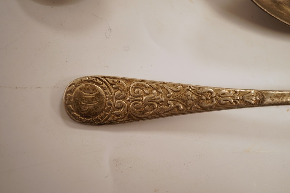 A small quantity of assorted 18th and later silver flatware, including two George III Old English pattern table spoons 11.6oz.